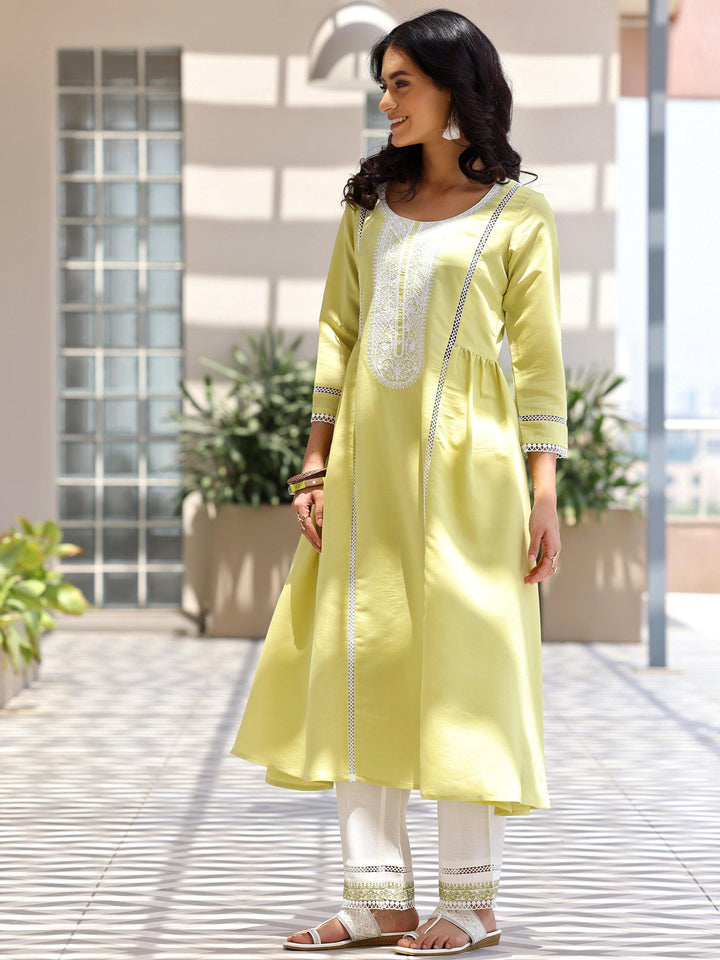 Green Embroidered Silk Blend A-Line Kurta With Trousers & Dupatta - Libas