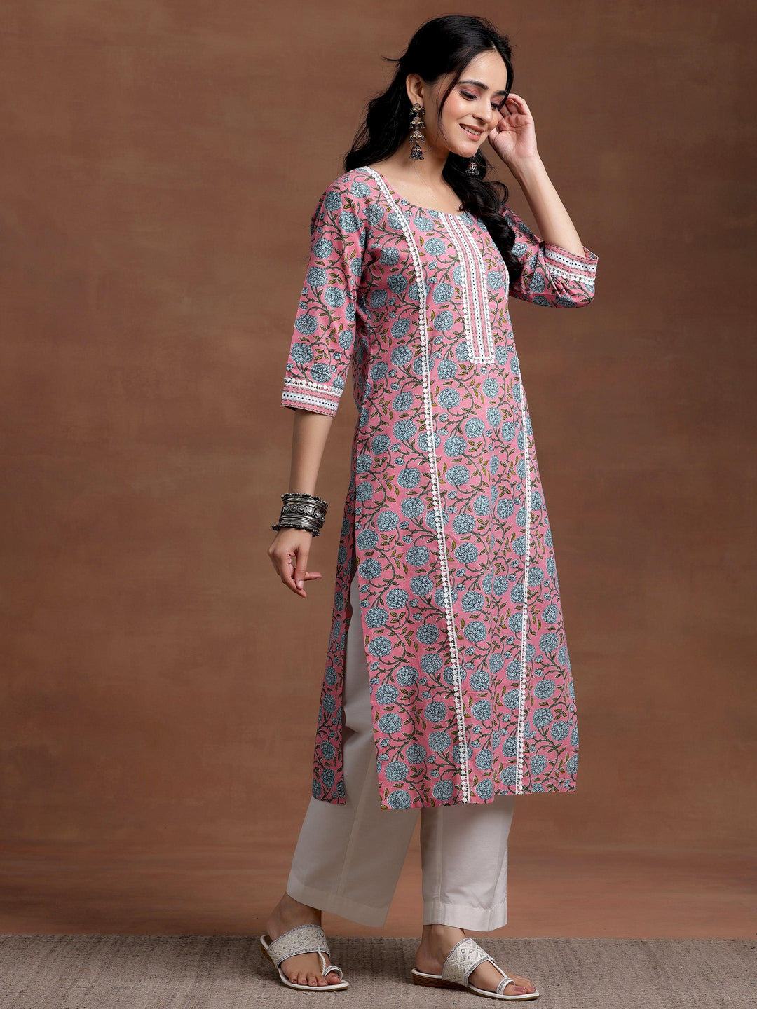 Pink Printed Cotton Straight Kurta - Libas