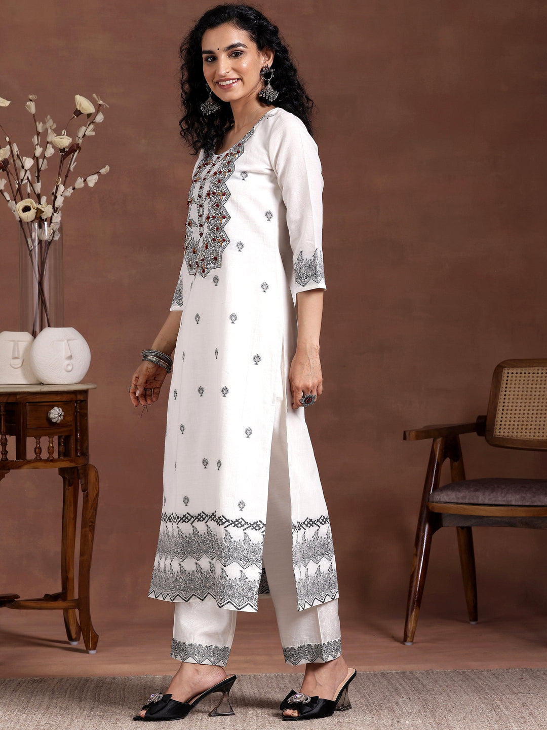 White Woven Design Linen Straight Suit With Dupatta - Libas 