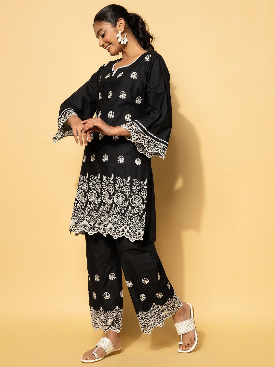 Black Embroidered Cotton Co-Ords - Libas 