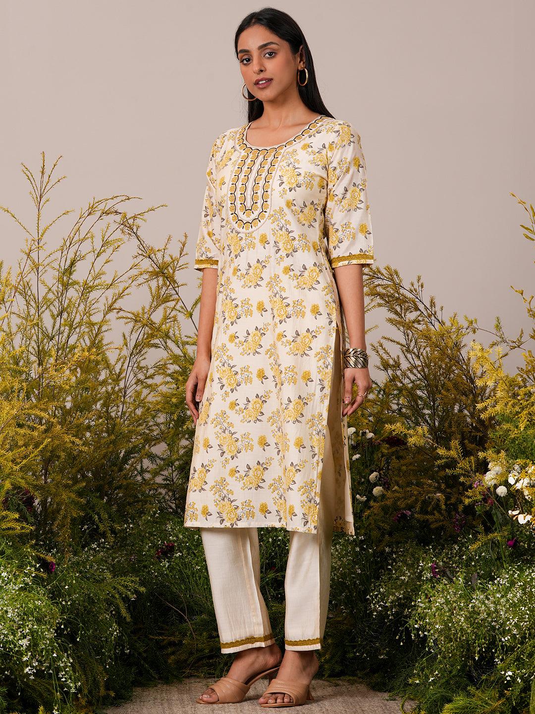 Beige Printed Chanderi Silk Straight Kurta Set - Libas 