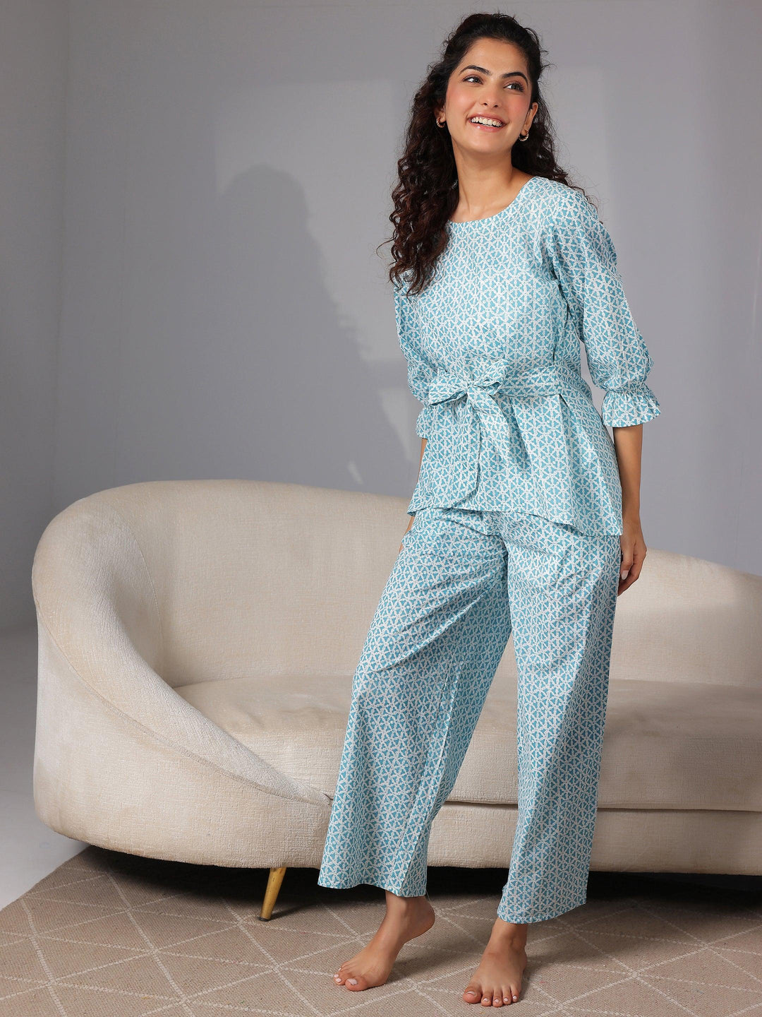 Blue Printed Cotton Night Suits - Libas 