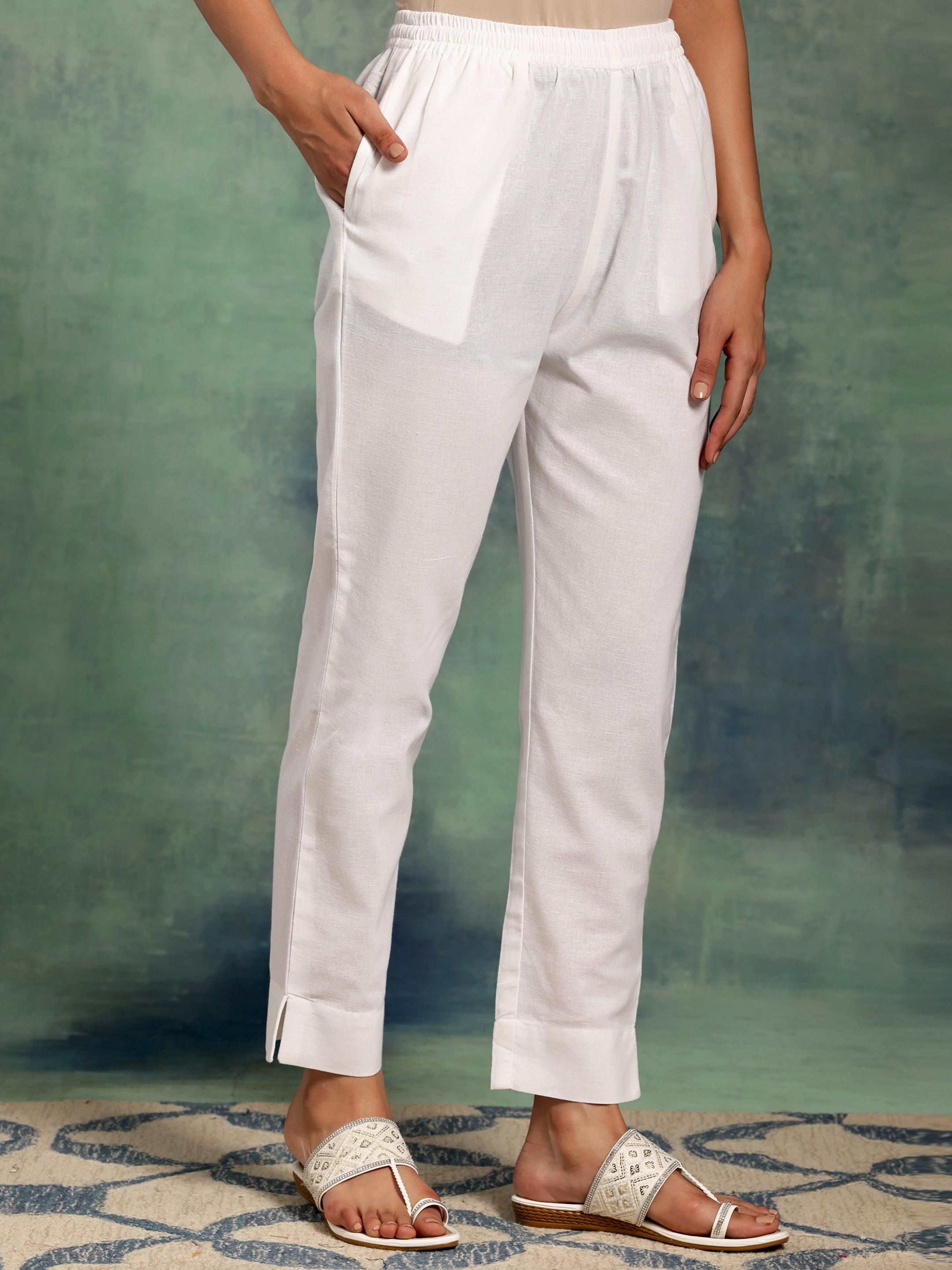 White Solid Cotton Straight Fit Trousers