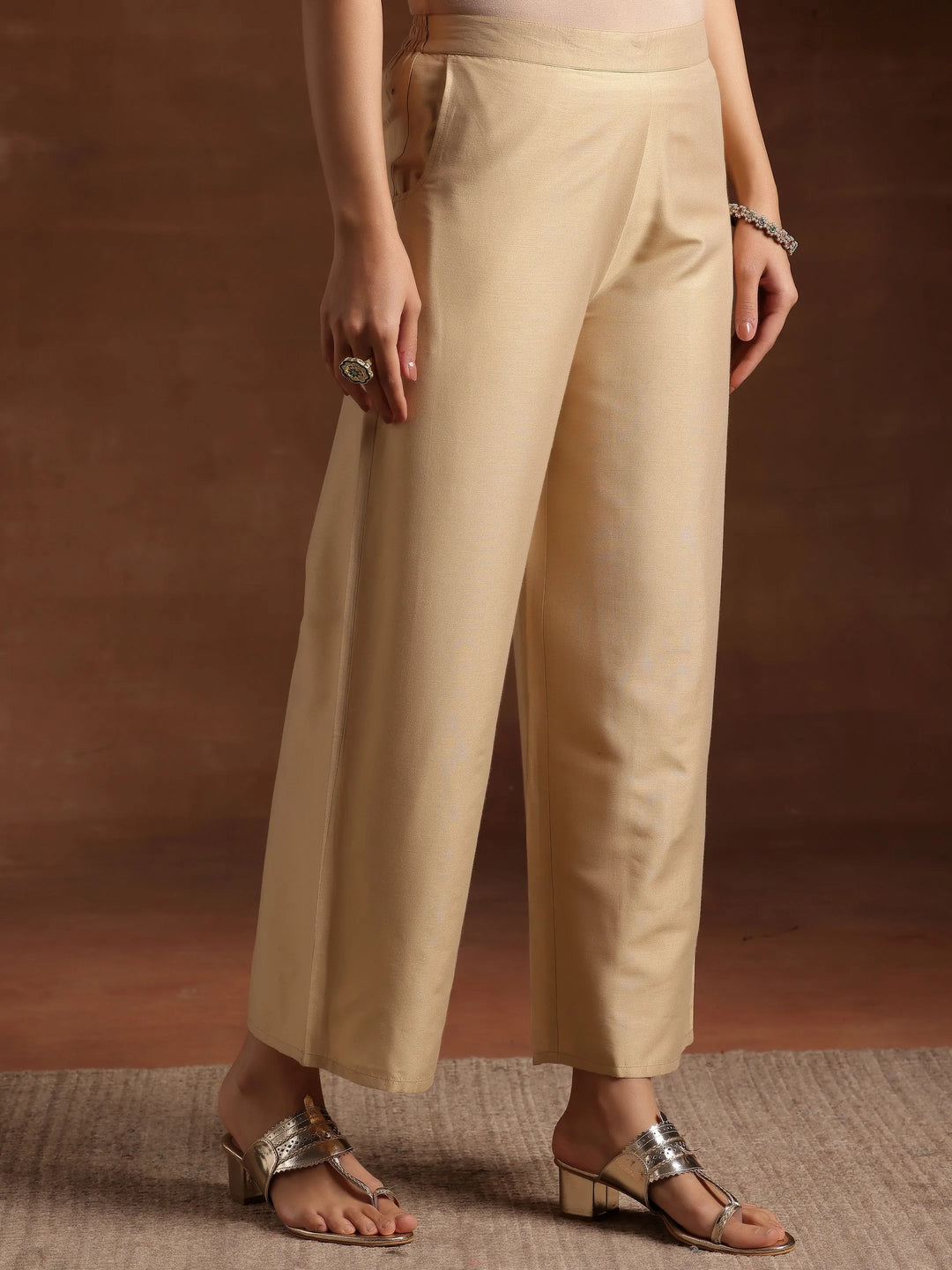  Beige Solid Silk Palazzos 