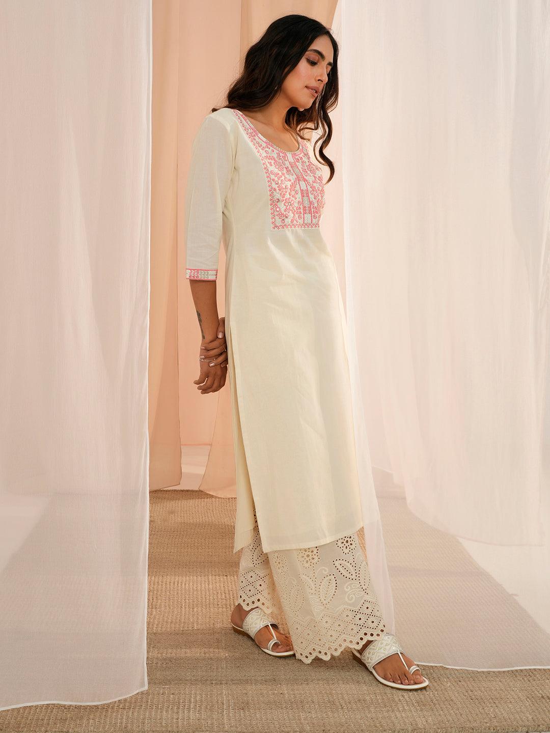 Off White Yoke Design Cotton Straight Kurta - Libas 