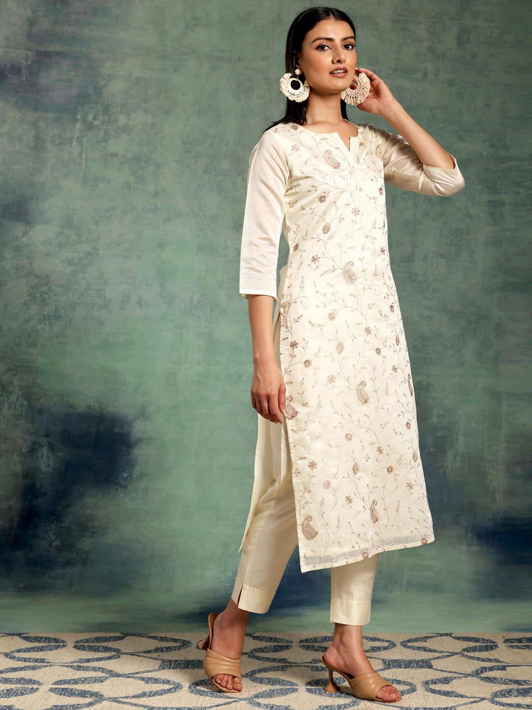 Off White Embroidered Chanderi Silk Straight Kurta - Libas