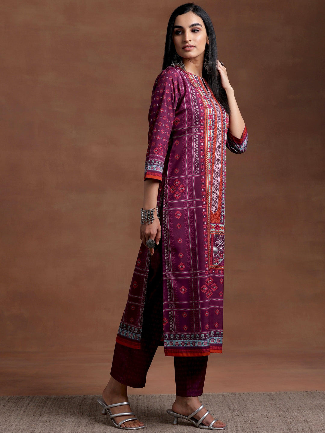 Wine Printed Poly Crepe Straight Kurta Set - Libas 