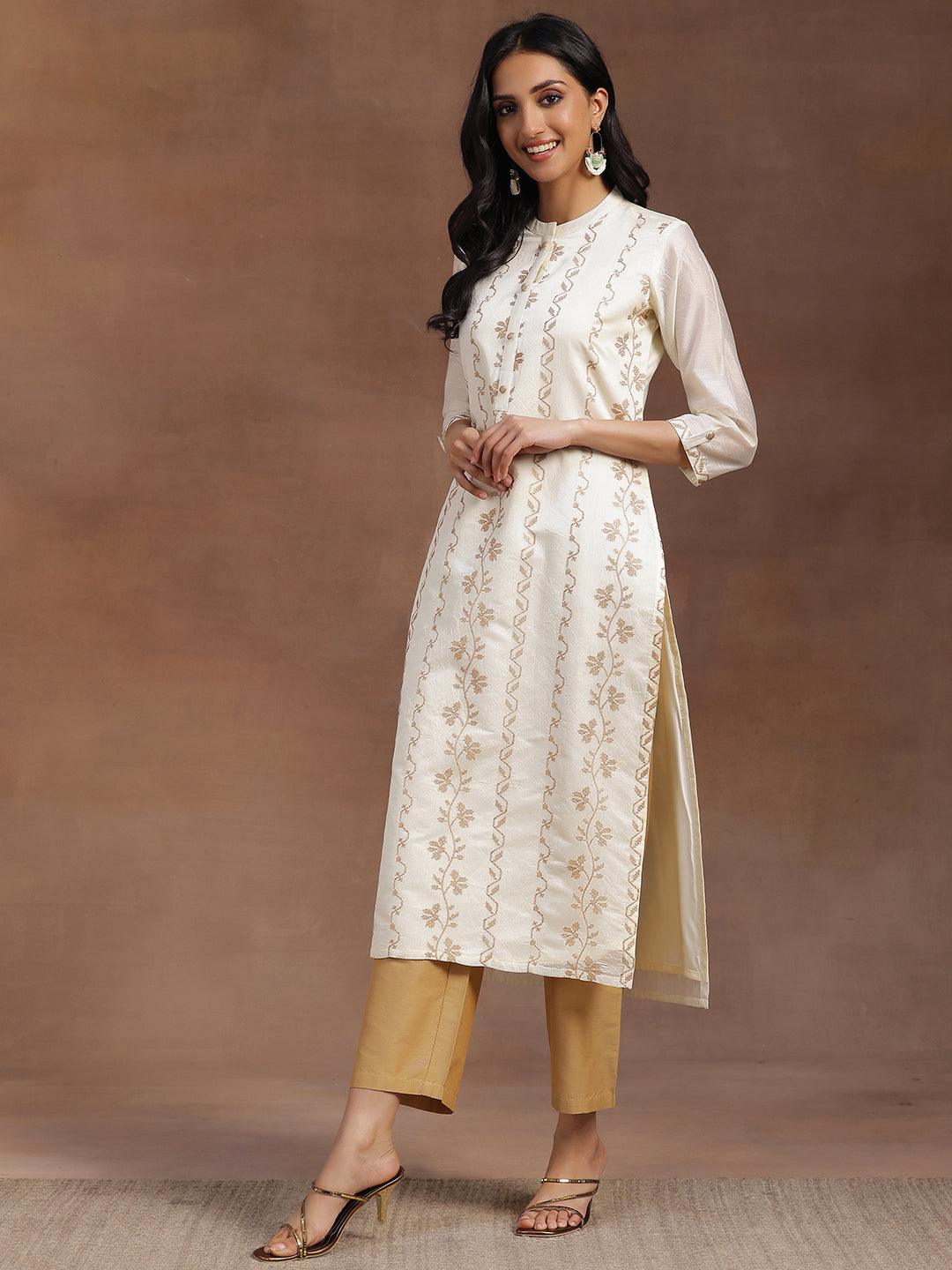 Off White Embroidered Chanderi Silk Straight Kurta - Libas 