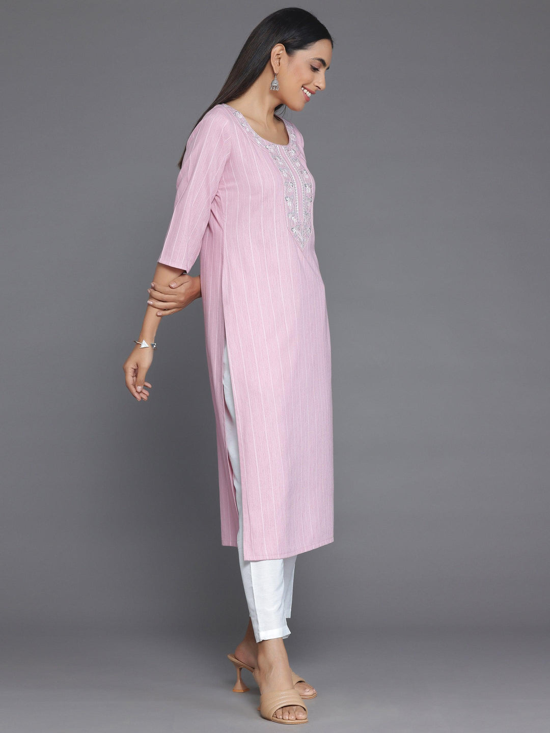 Pink Woven Design Rayon Straight Kurta - Libas 