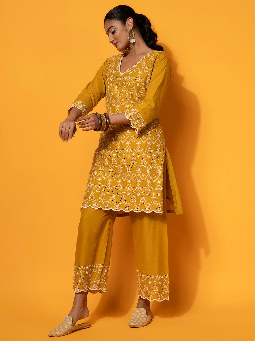 Mustard Embroidered Cotton Co-Ords - Libas 