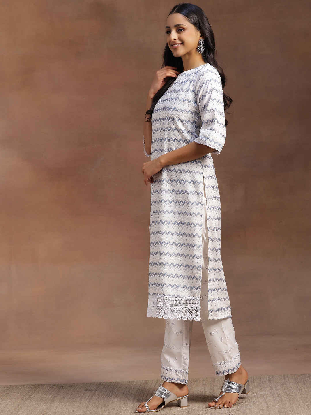 Off White Embroidered Cotton Blend Straight Suit With Dupatta - Libas