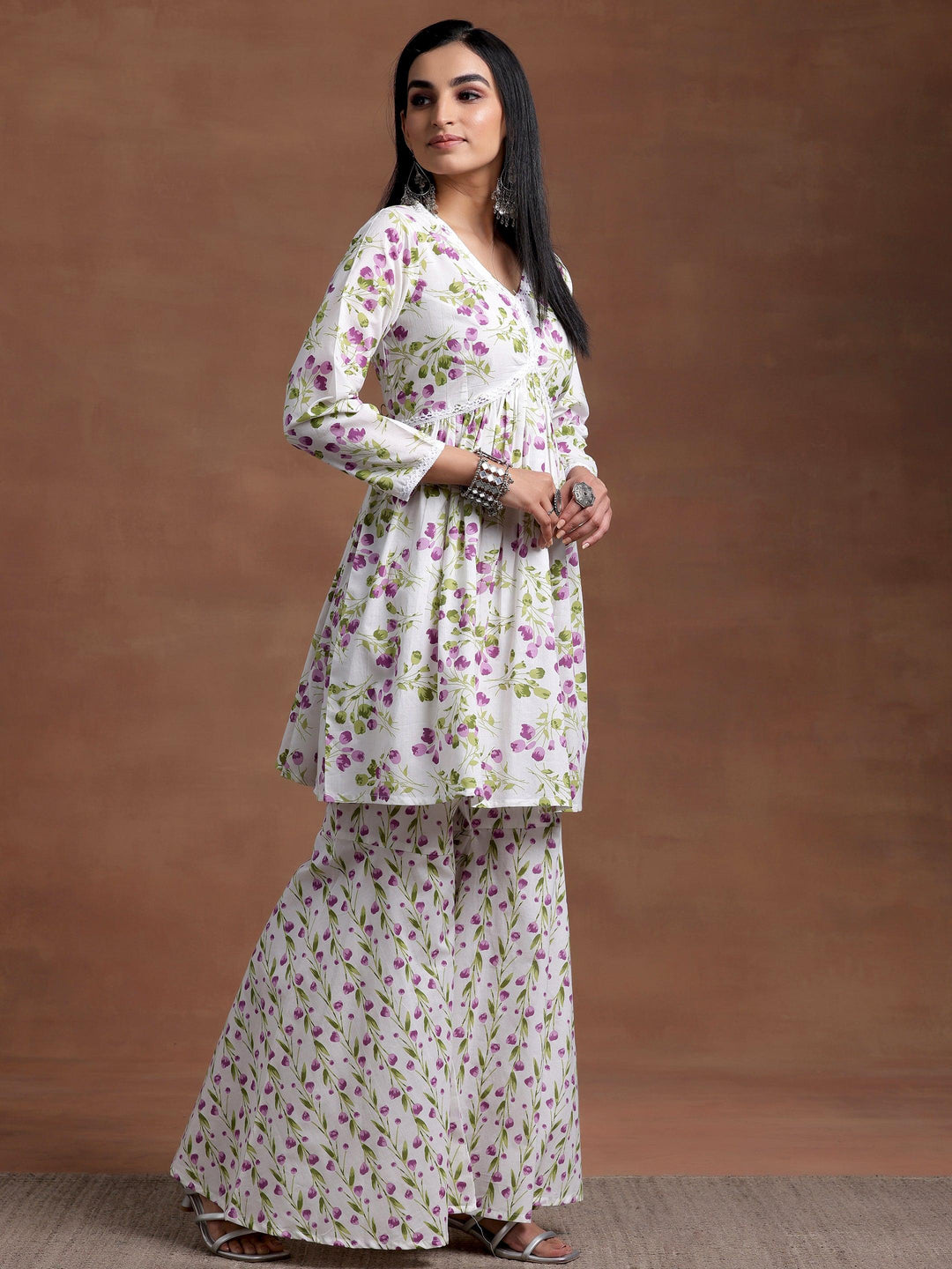 Off White Printed Cotton A-Line Kurta With Sharara & Dupatta - Libas 