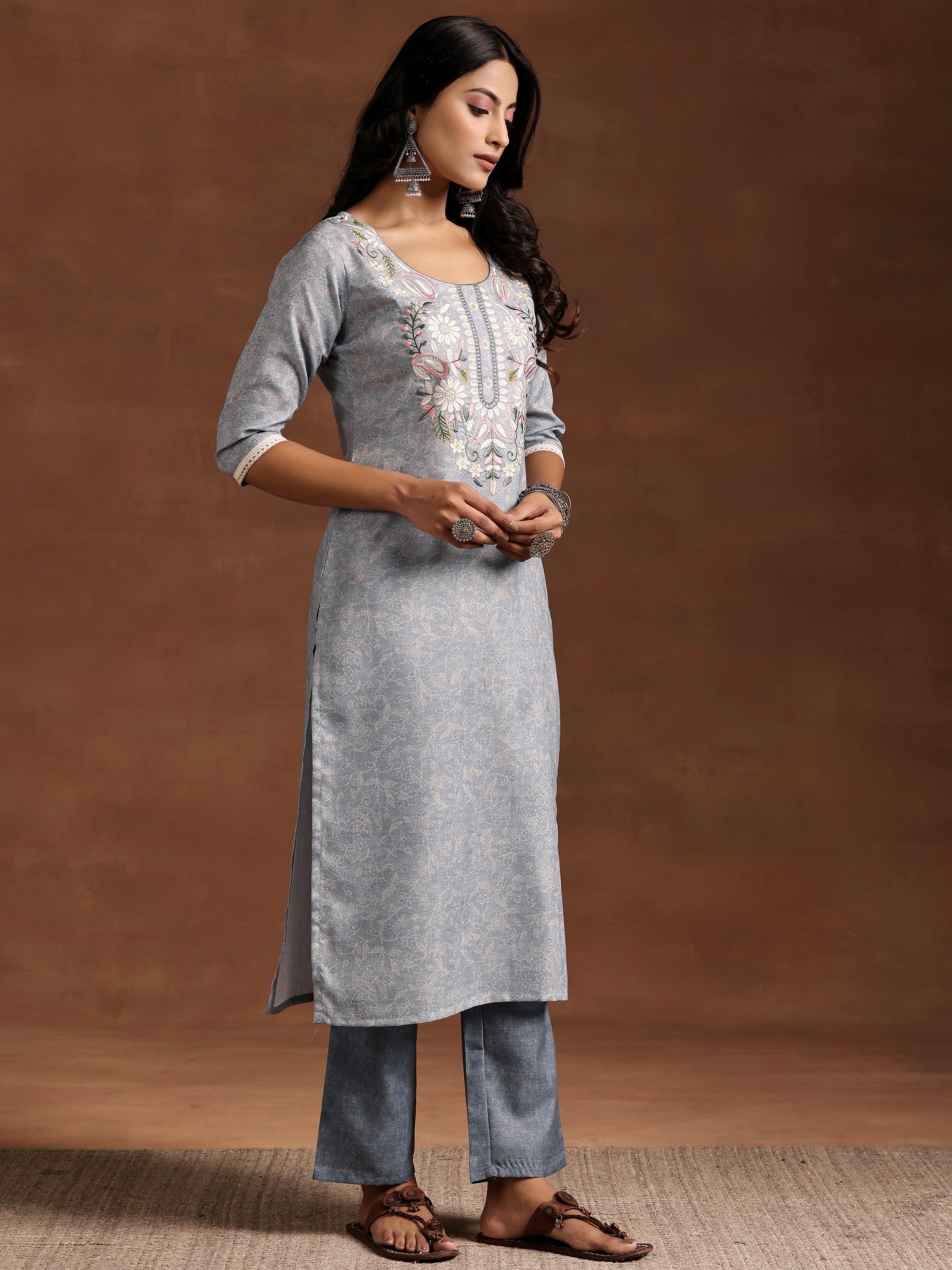 Grey Yoke Design Cotton Straight Suit With Dupatta