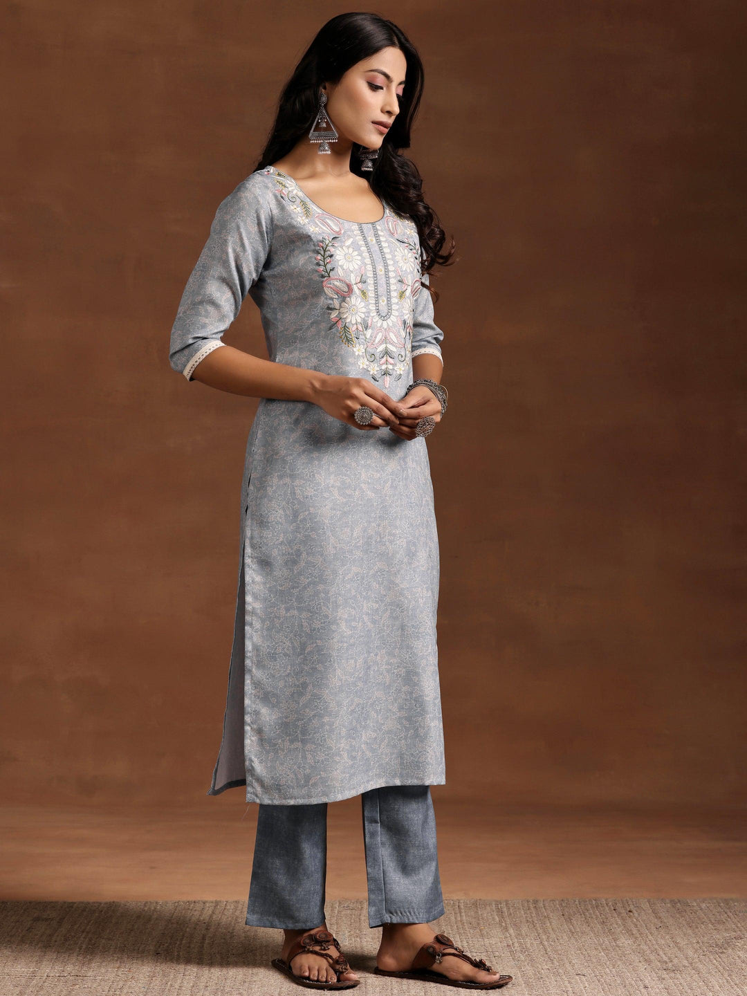 Grey Yoke Design Cotton Straight Suit With Dupatta - Libas