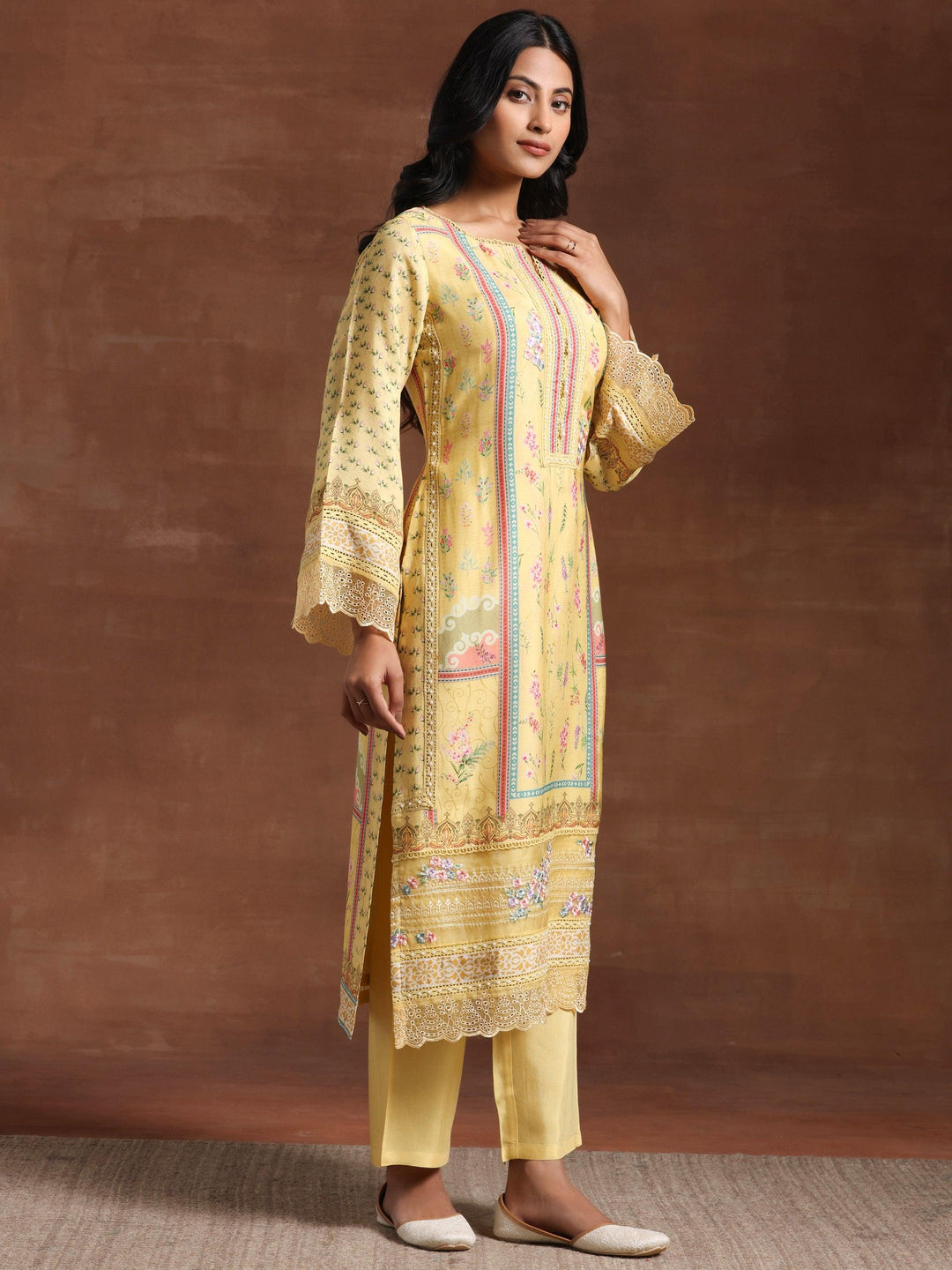 Yellow Printed Silk Blend Straight Suit With Dupatta - Libas 