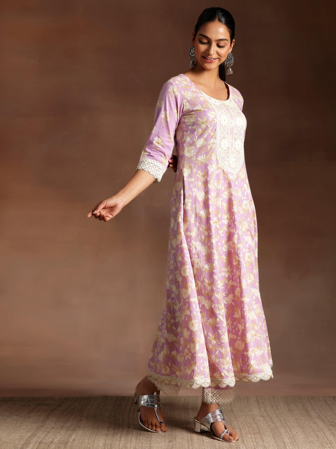 Dilbaro Purple Printed Cotton A-Line Kurta With Trousers & Dupatta - Libas 