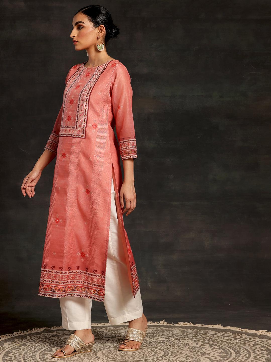 Pink Printed Chanderi Silk Straight Kurta - Libas 