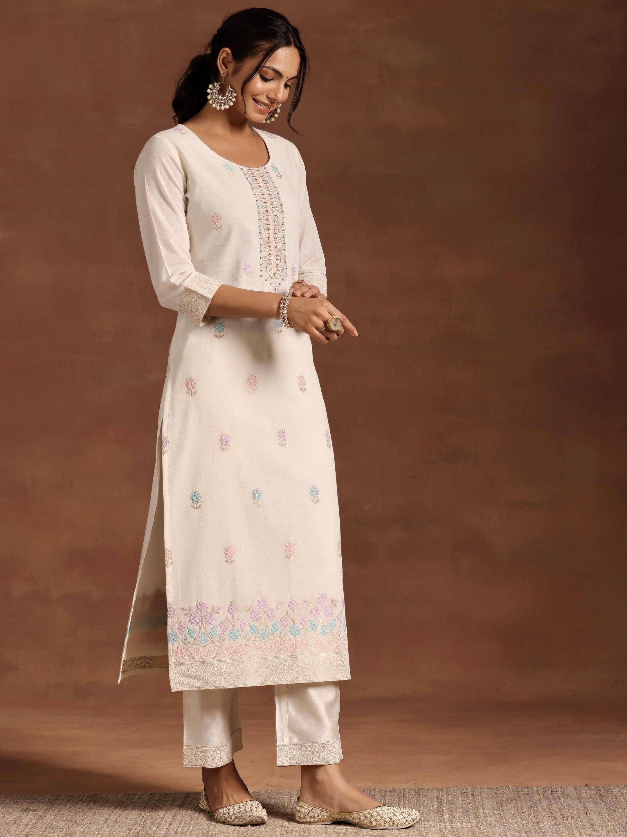Off White Woven Design Linen Straight Suit With Dupatta