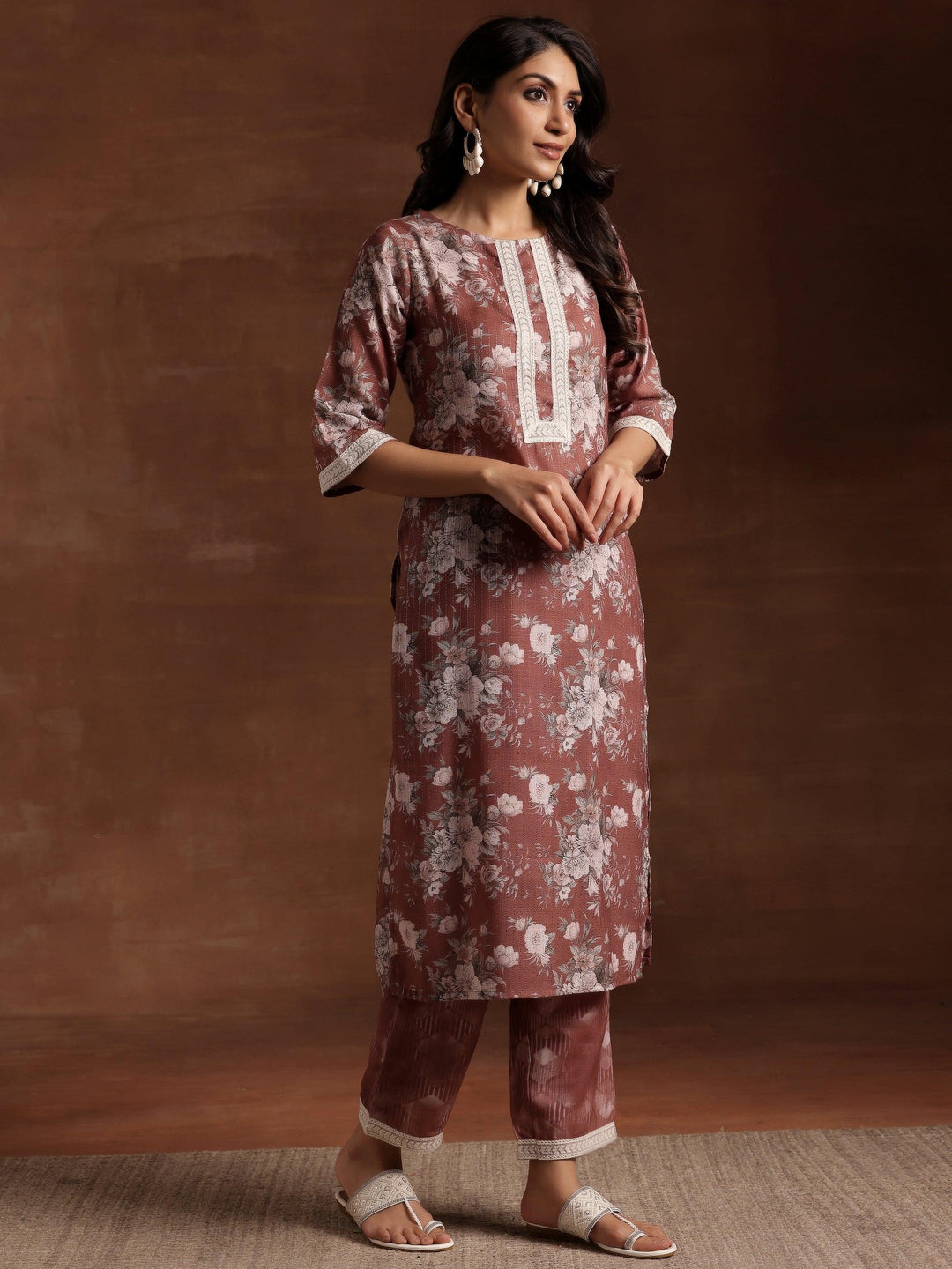 Brown Printed Cotton Straight Suit With Dupatta - Libas 