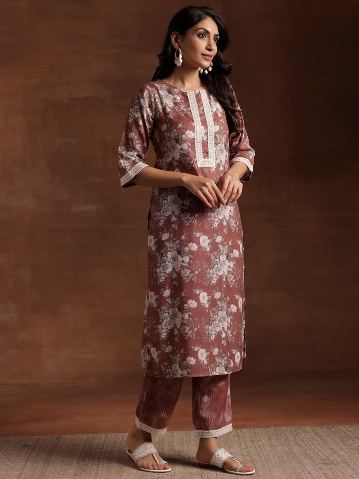 Brown Printed Cotton Straight Suit With Dupatta - Libas