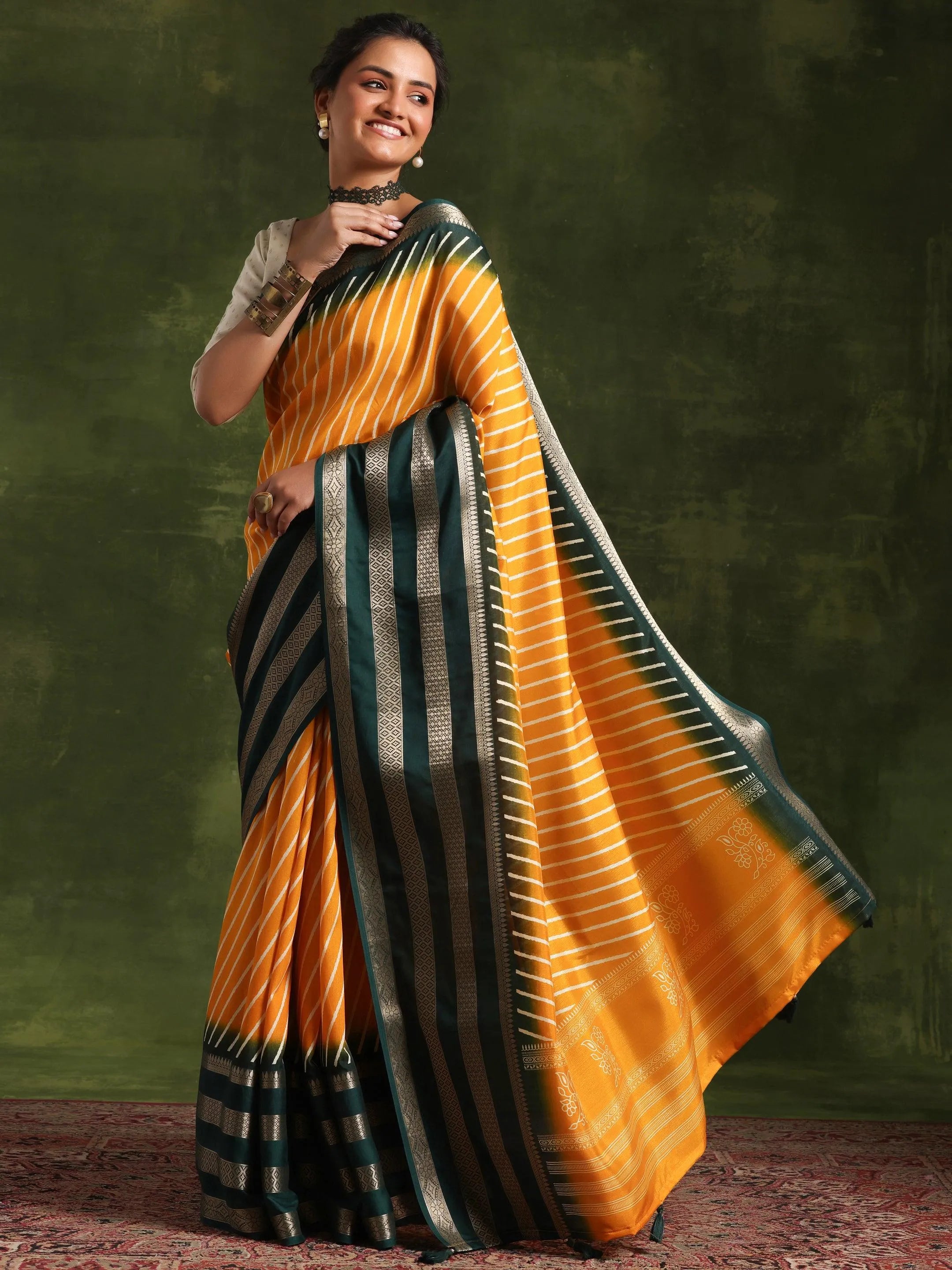 Buy Mustard Printed Silk Blend Saree With Unstitched Blouse Piece ...