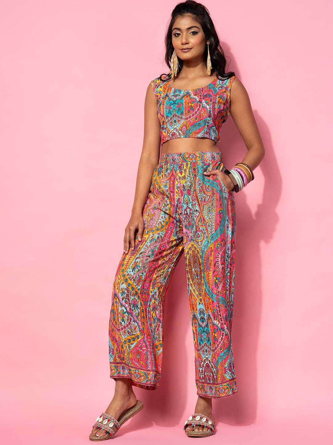 Multicoloured Printed Silk Blend Co-Ords - Libas