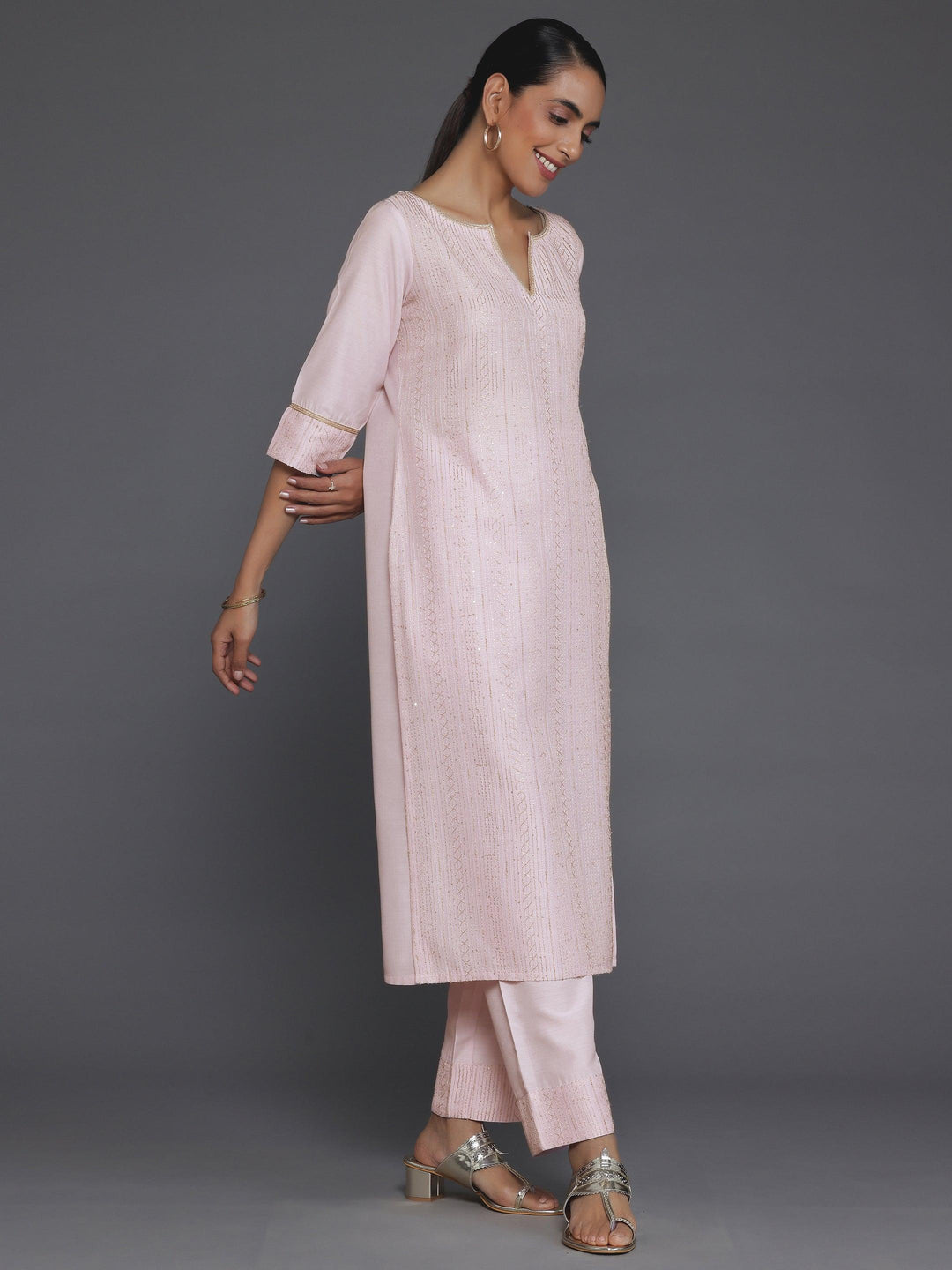 Pink Self Design Silk Blend Straight Suit With Dupatta - Libas 