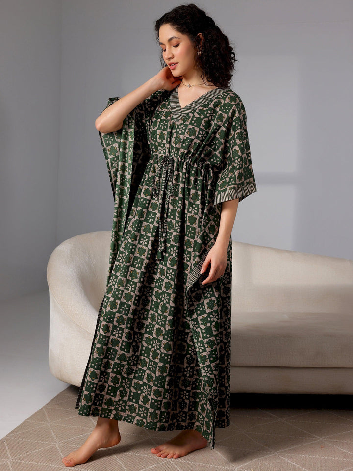 Green Printed Cotton Kaftan Night Dress - Libas