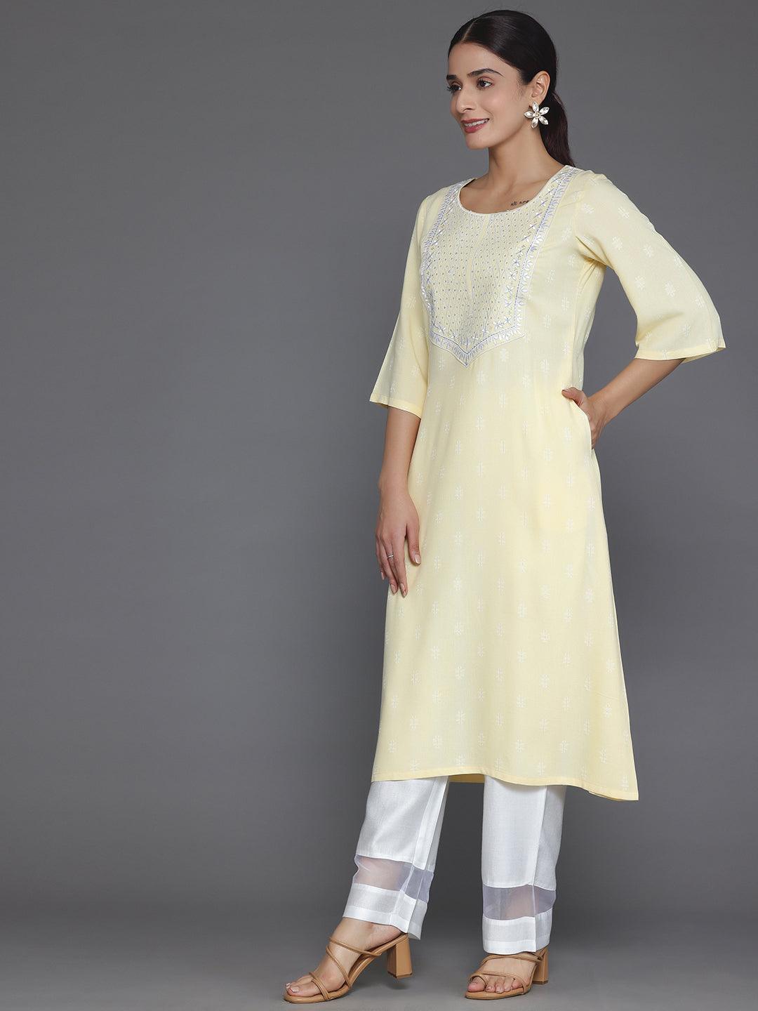 Yellow Woven Design Rayon Straight Kurta - Libas