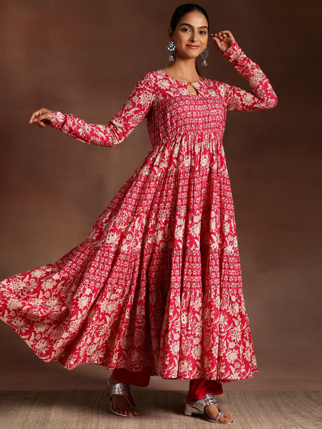 Kashish Pink Printed Cotton A-Line Kurta With Trousers & Dupatta - Libas 