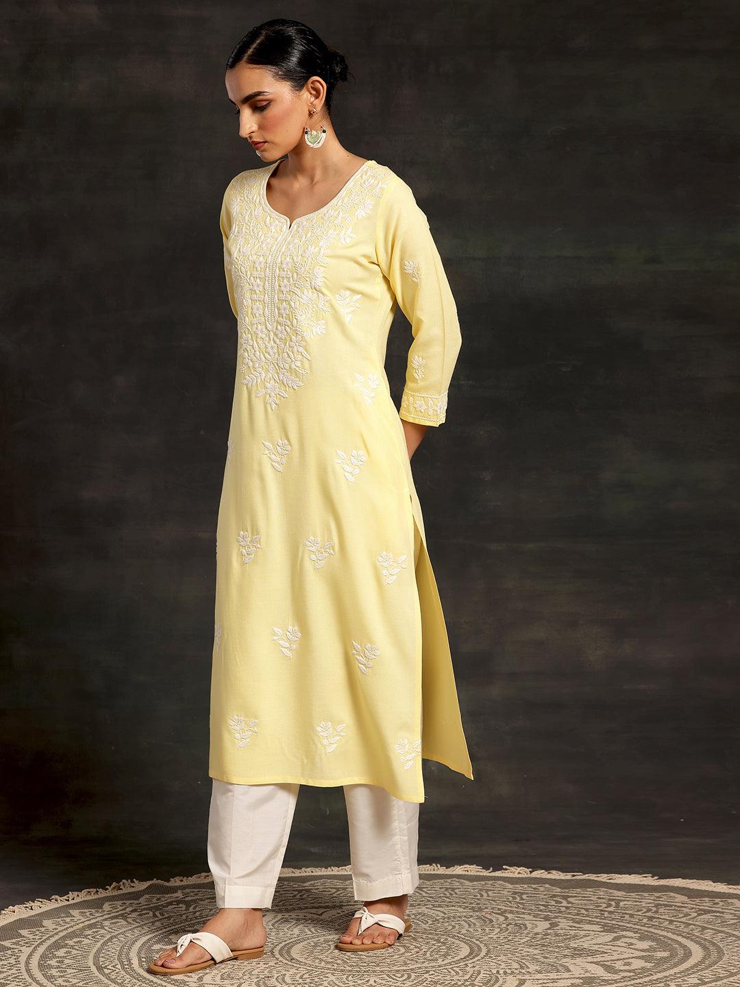 Yellow Embroidered Rayon Straight Kurta - Libas 