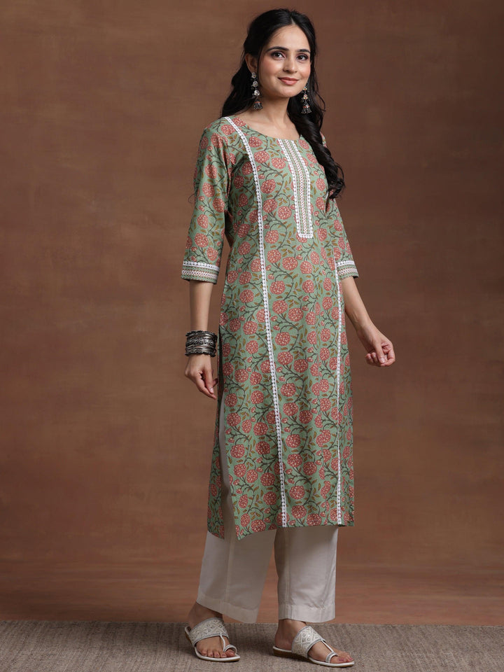 Green Printed Cotton Straight Kurta - Libas