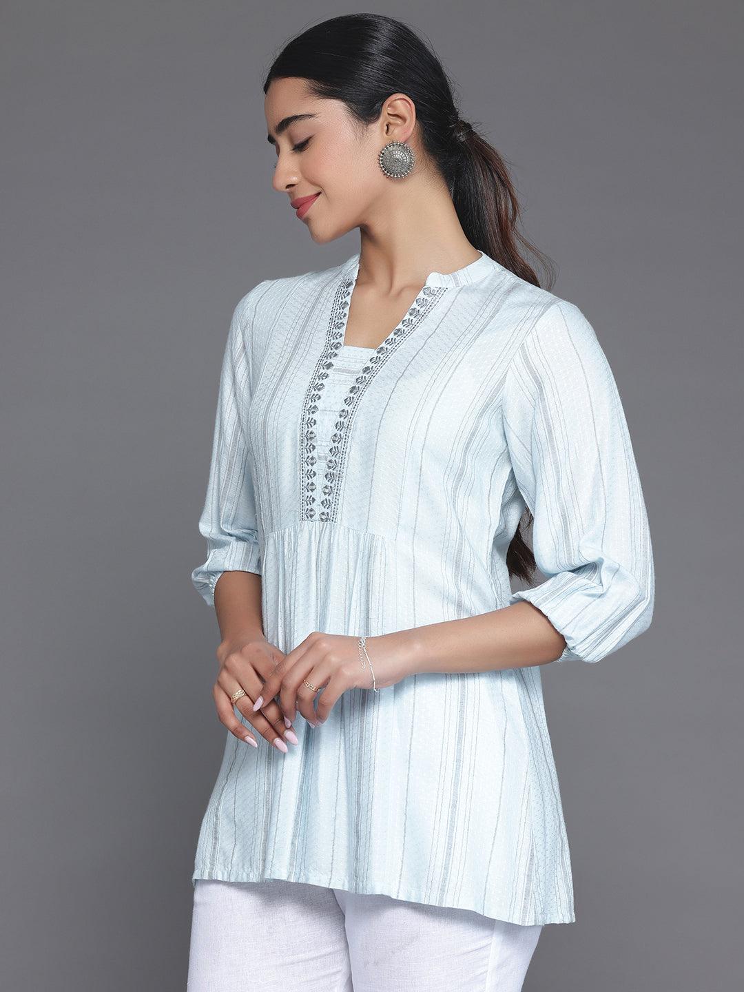 Blue Woven Design Cotton Blend Straight Kurti - Libas