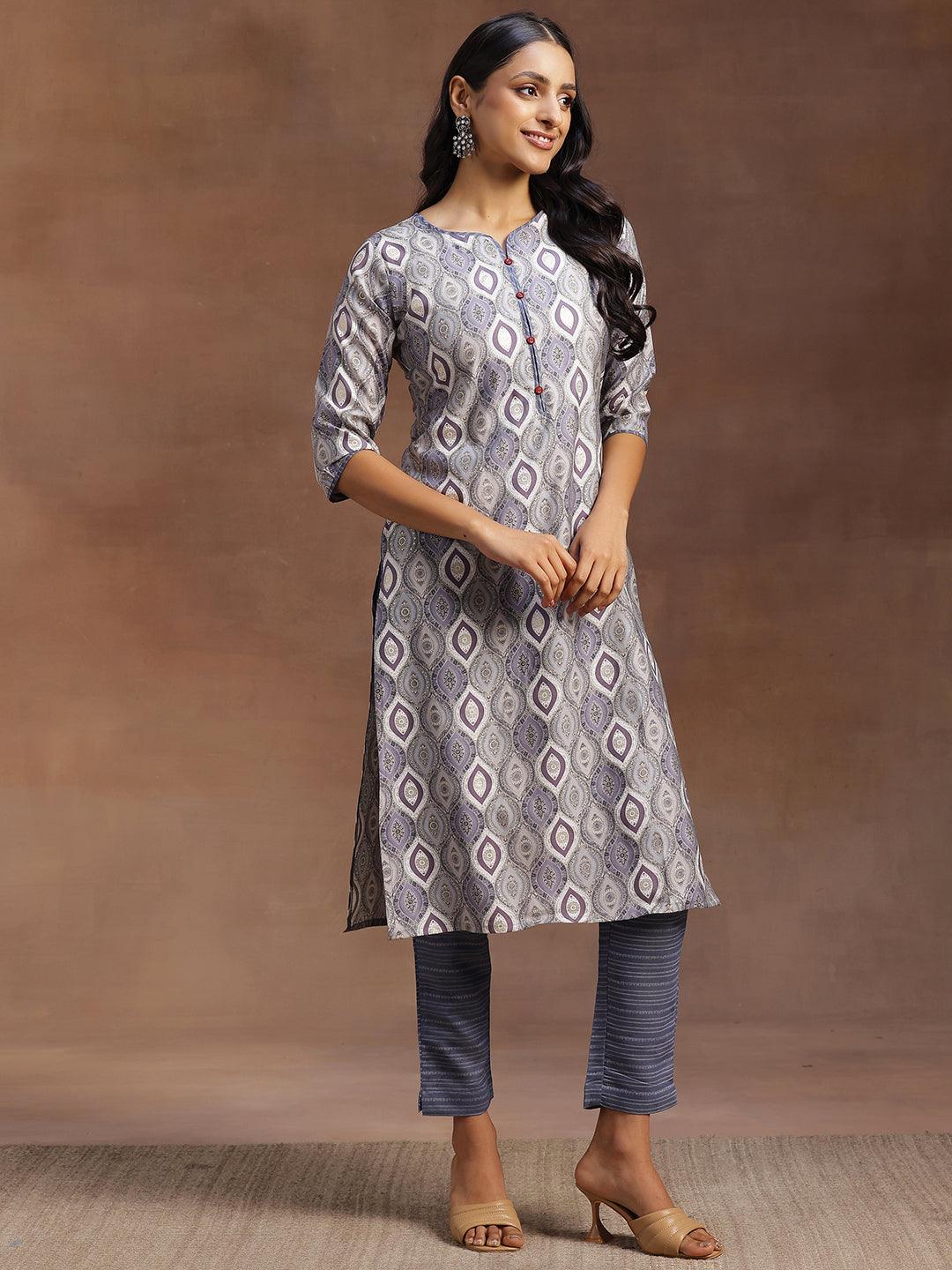 Grey Printed Silk Blend Straight Suit With Dupatta