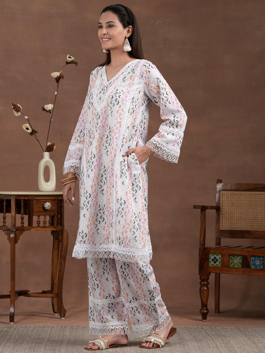 Off white Printed Cotton A-Line Kurta With Palazzos - Libas 