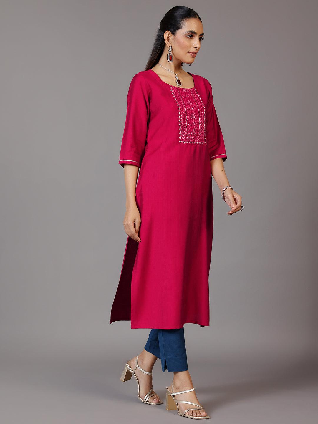 Pink Yoke Design Silk Straight Kurta - Libas