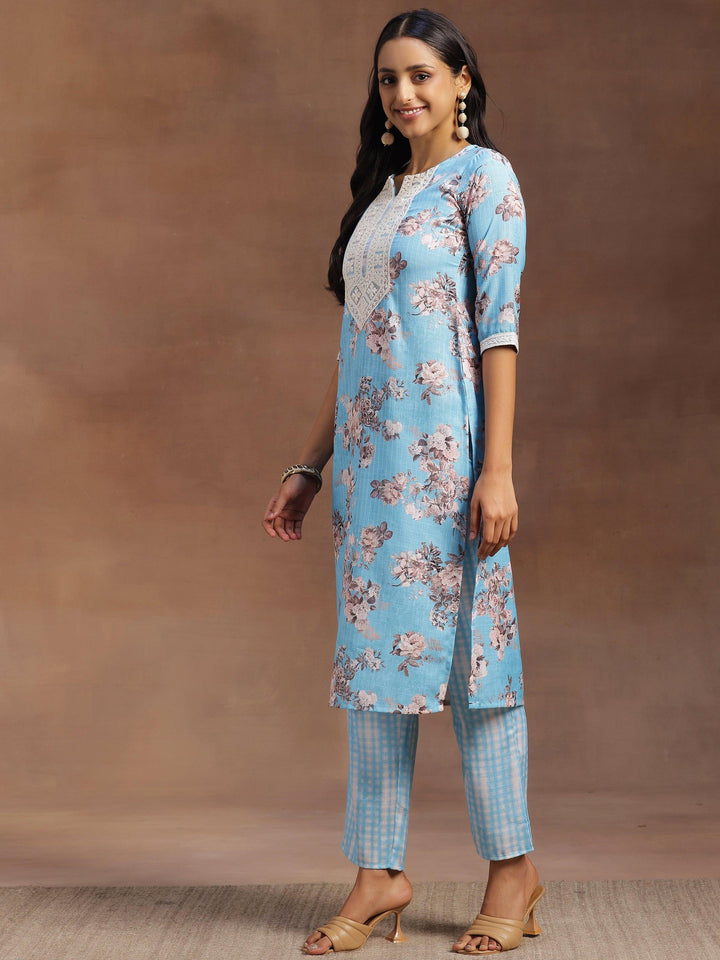 Blue Printed Cotton Straight Suit With Dupatta - Libas