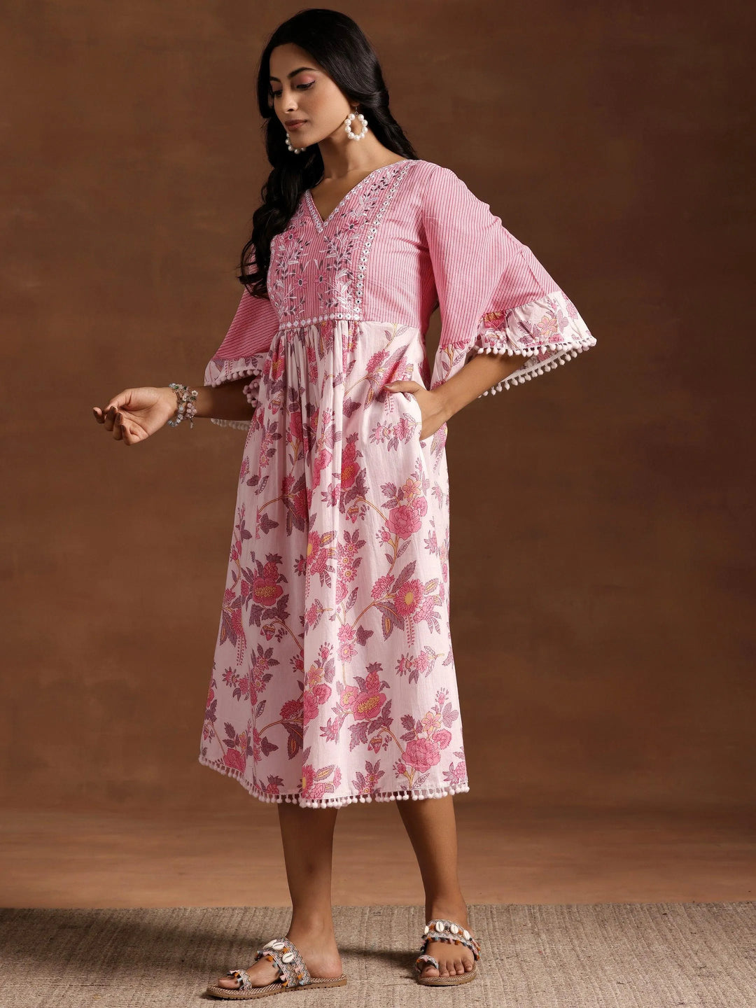 Pink Printed Cotton A-Line Kurta - Libas