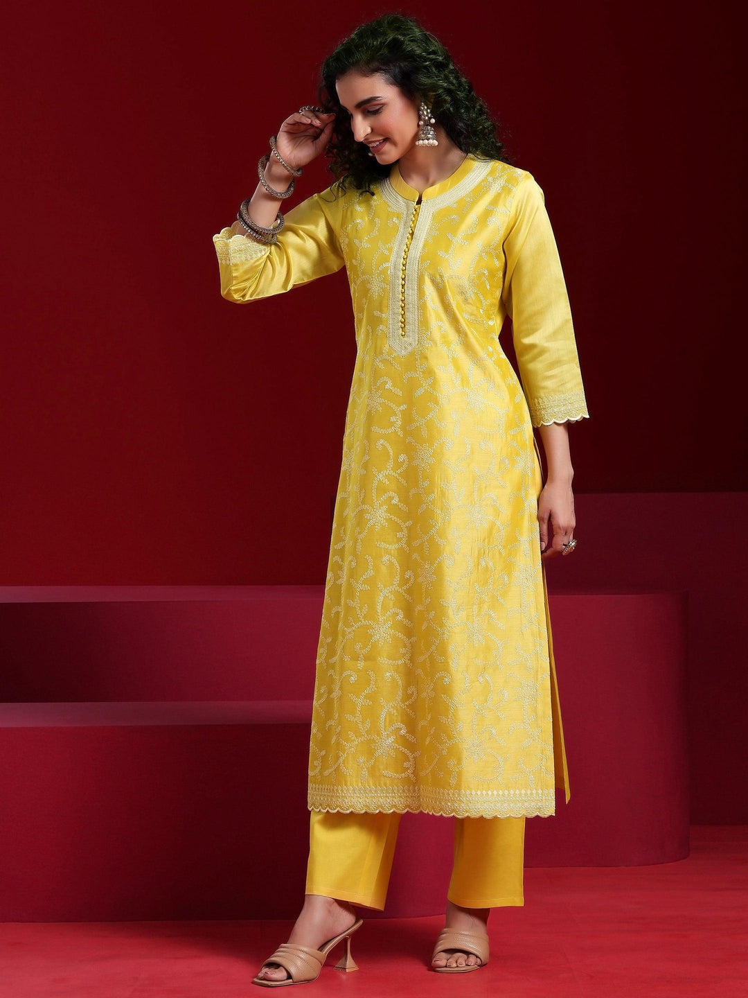 Libas Art Yellow Embroidered Chanderi Silk Straight Suit With Dupatta - Libas 