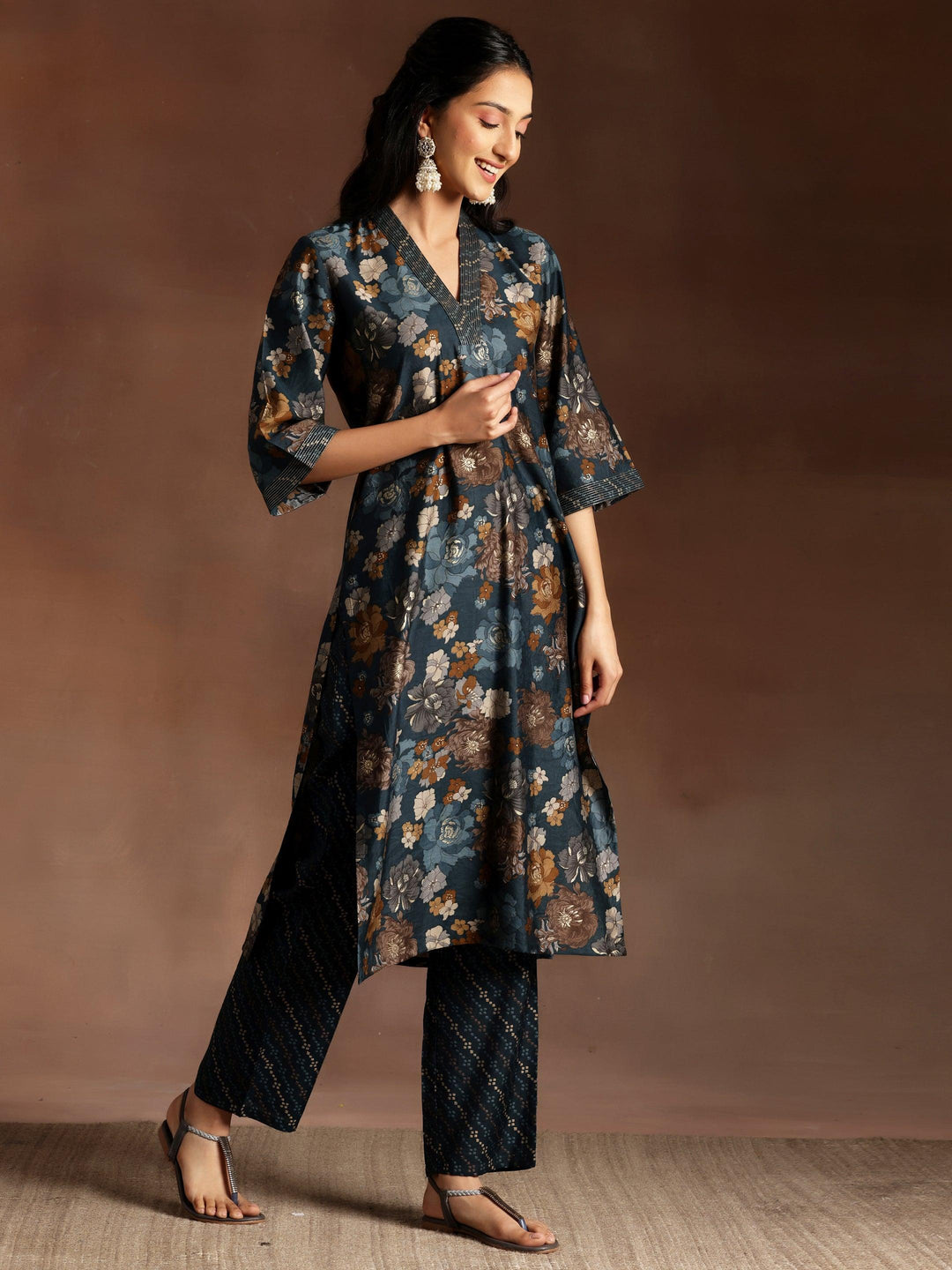 Blue Printed Silk Blend Straight Suit With Dupatta - Libas 