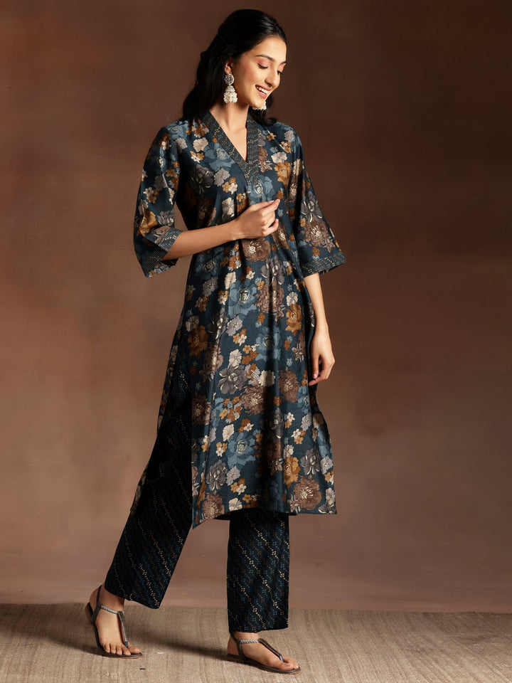 Blue Printed Silk Blend Straight Suit With Dupatta - Libas