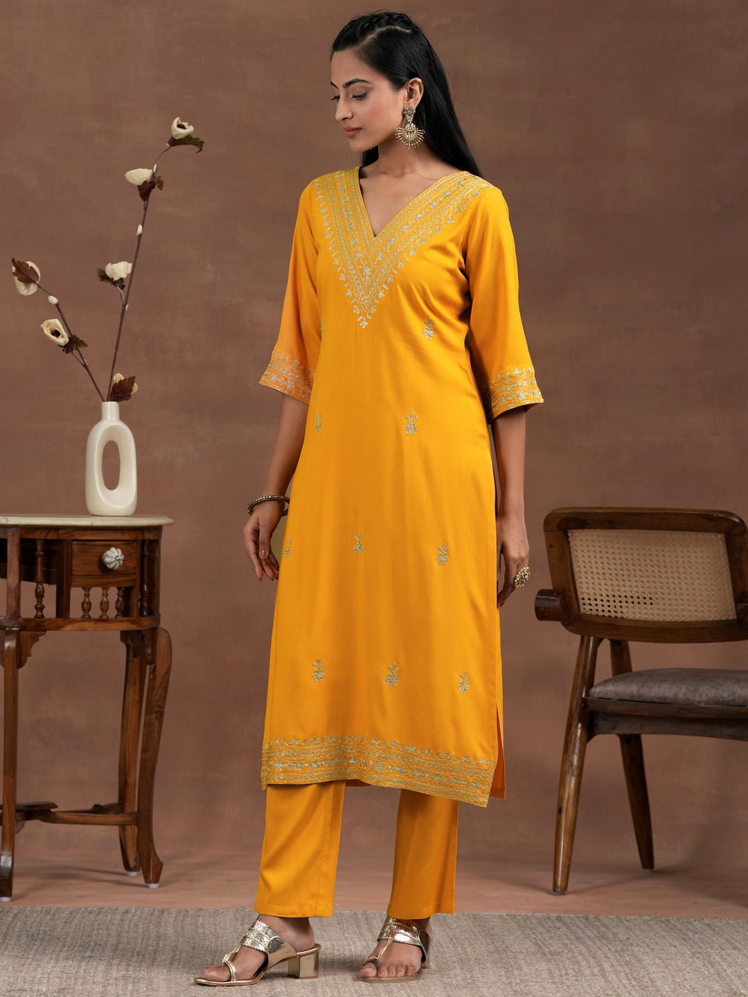  Yellow Embroidered Rayon Straight Kurta Set 