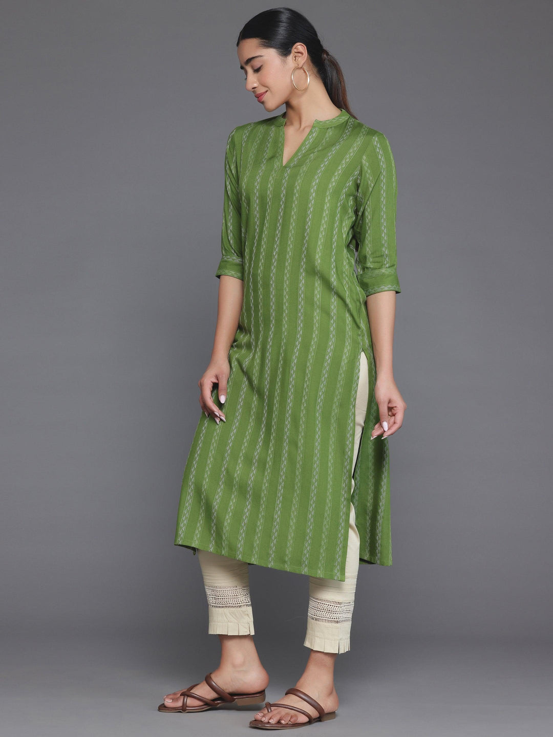 Green Striped Rayon Straight Kurta - Libas 