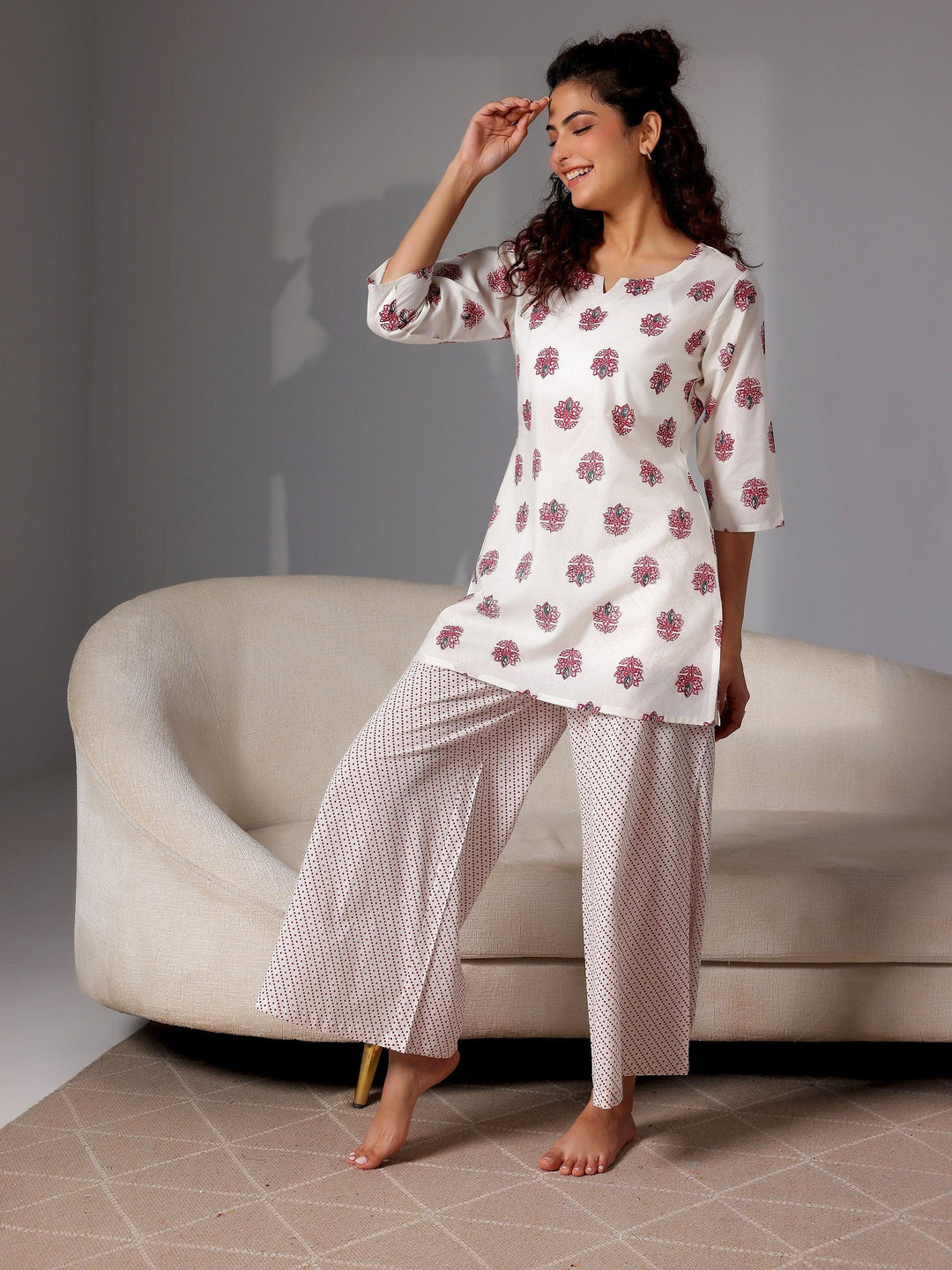 Cream Printed Cotton Night Suits - Libas 