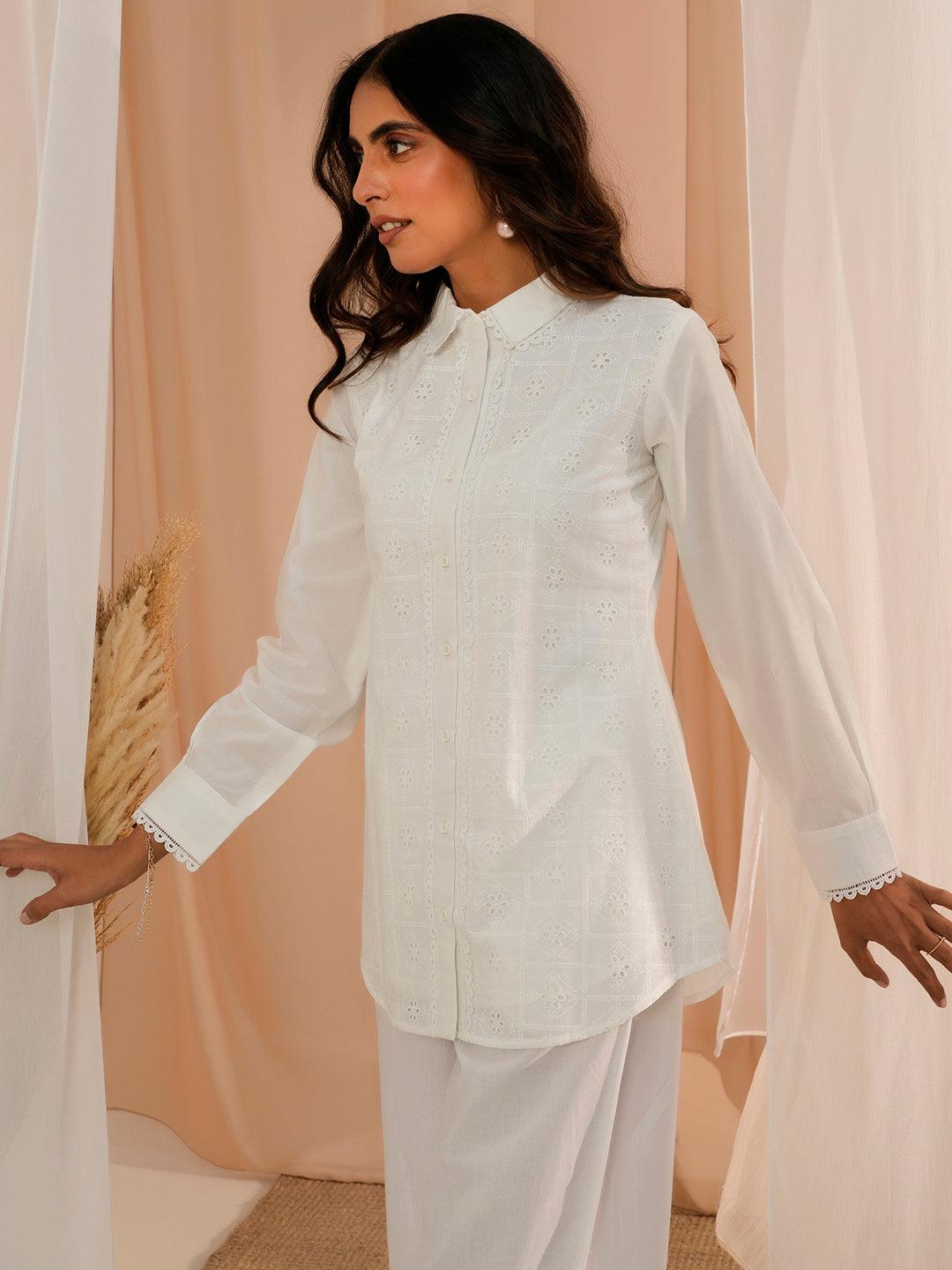 White Embroidered Cotton Straight Kurti - Libas 