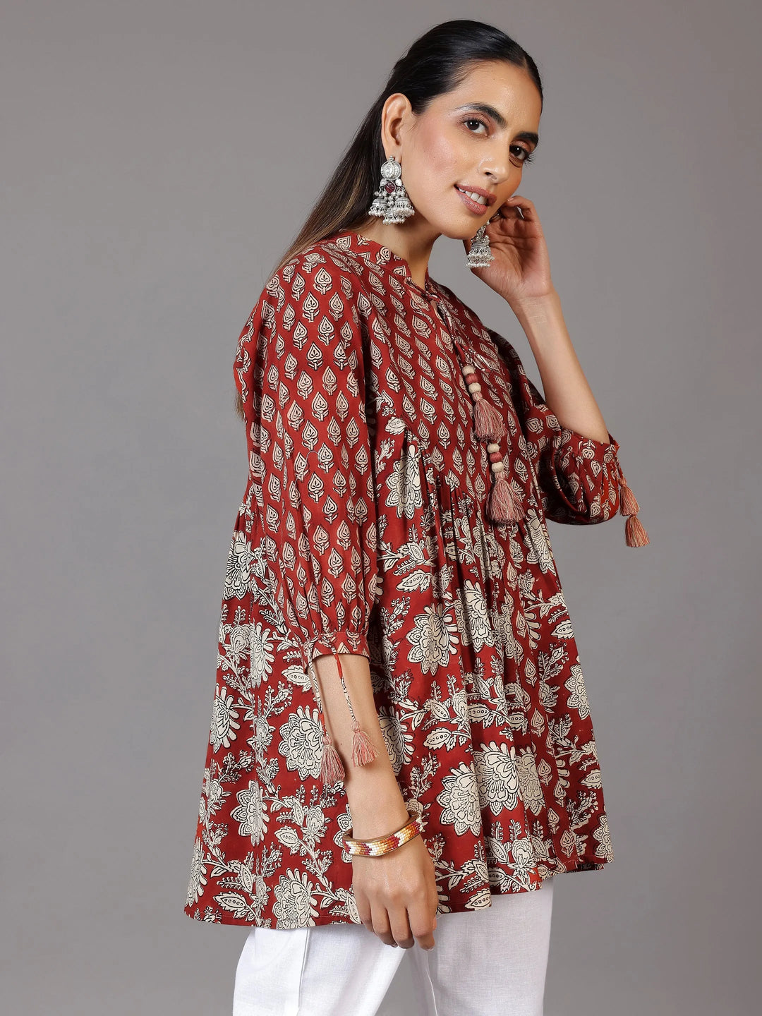  Rust Printed Cotton A-Line Kurti 