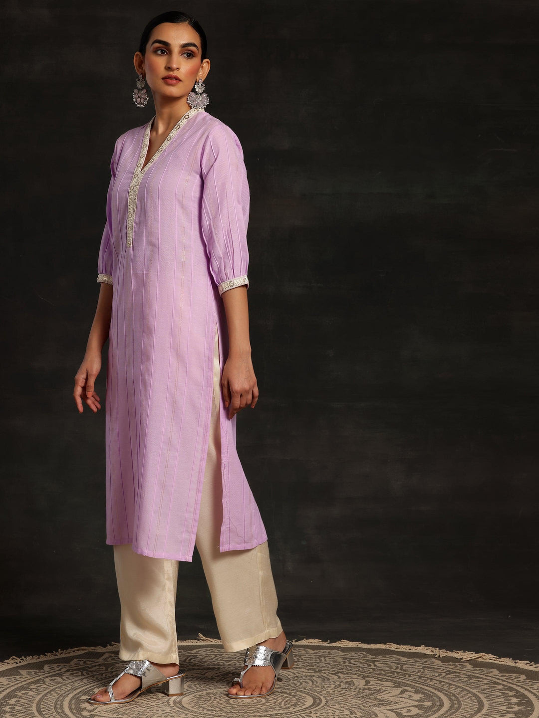 Purple Woven Design Cotton Straight Kurta - Libas 