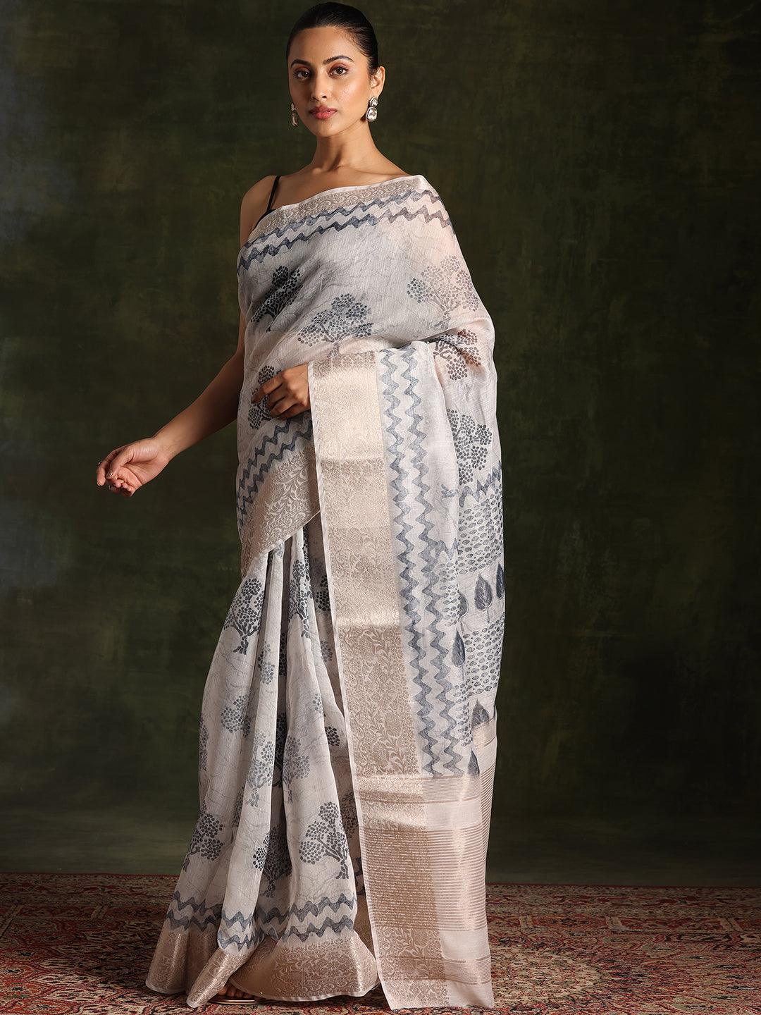 Grey Printed Silk Blend Saree With Unstitched Blouse Piece - Libas