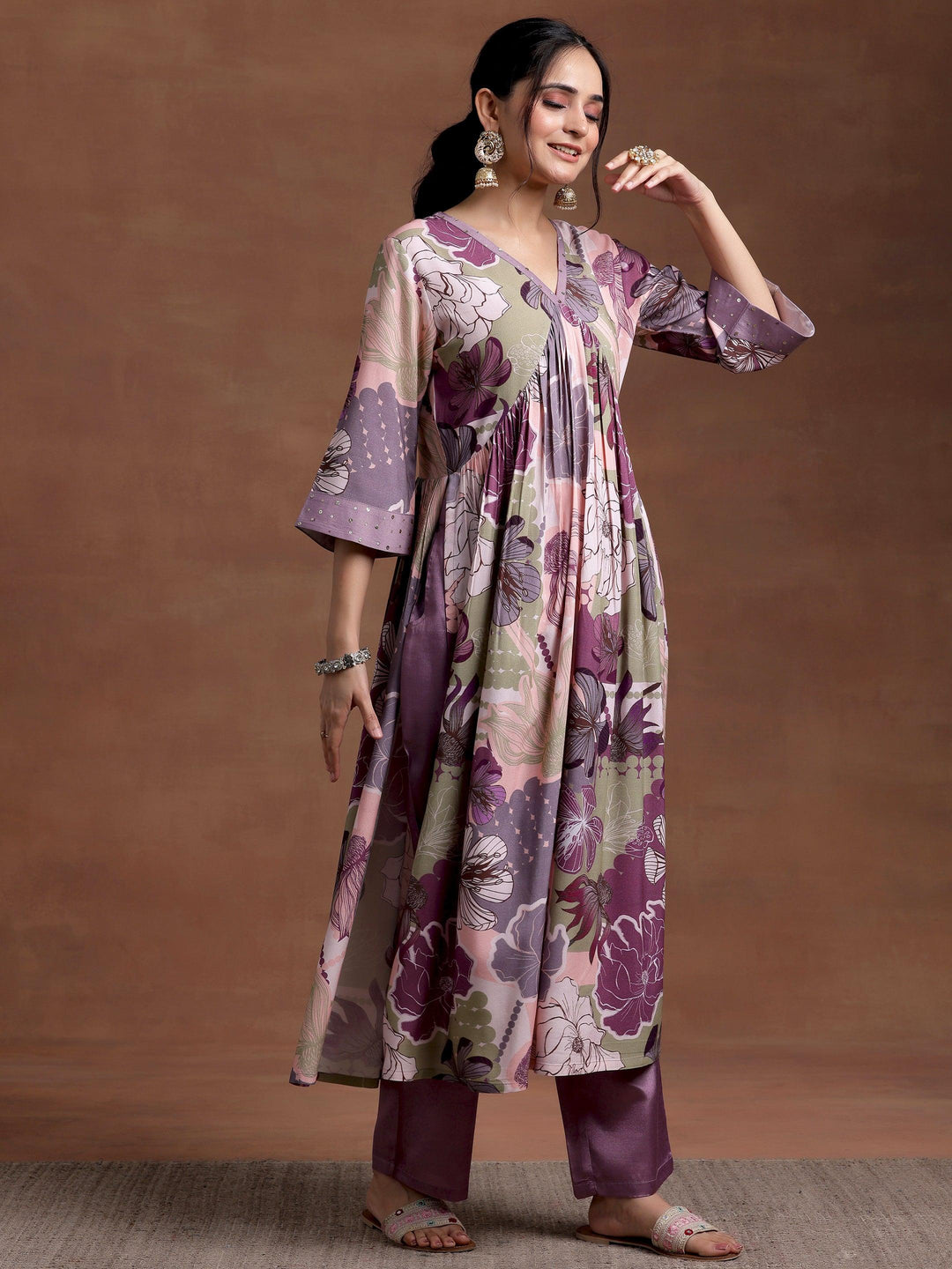 Mauve Printed Rayon A-Line Kurta With Trousers - Libas