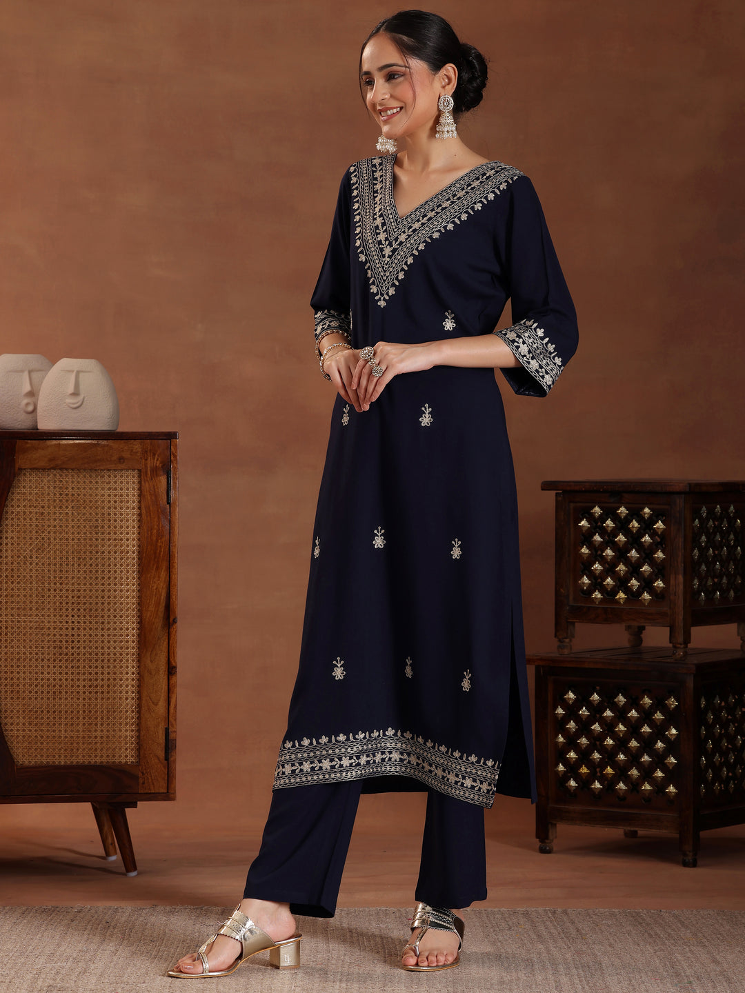  Blue Embroidered Rayon Straight Suit With Dupatta 